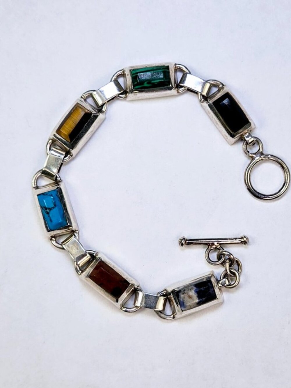 Vintage Taxco Mexico 925 Sterling Silver Multi Stone Link Bracelet 7.5", 25g